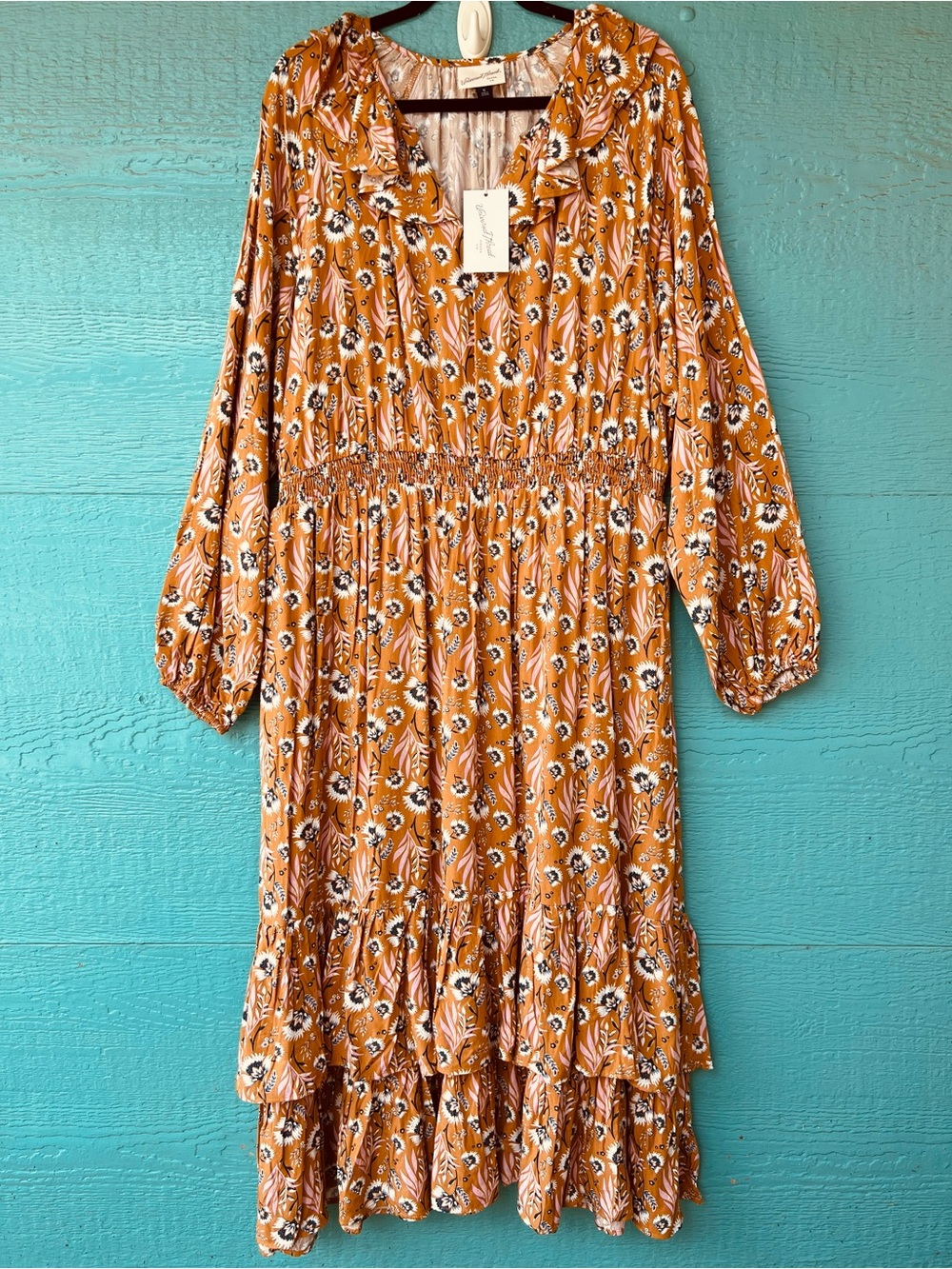 Universal Thread Floral Maxi Dress XL Mustard Yellow Ruffle Balloon Sleeve NWT - Picture 2 of 7